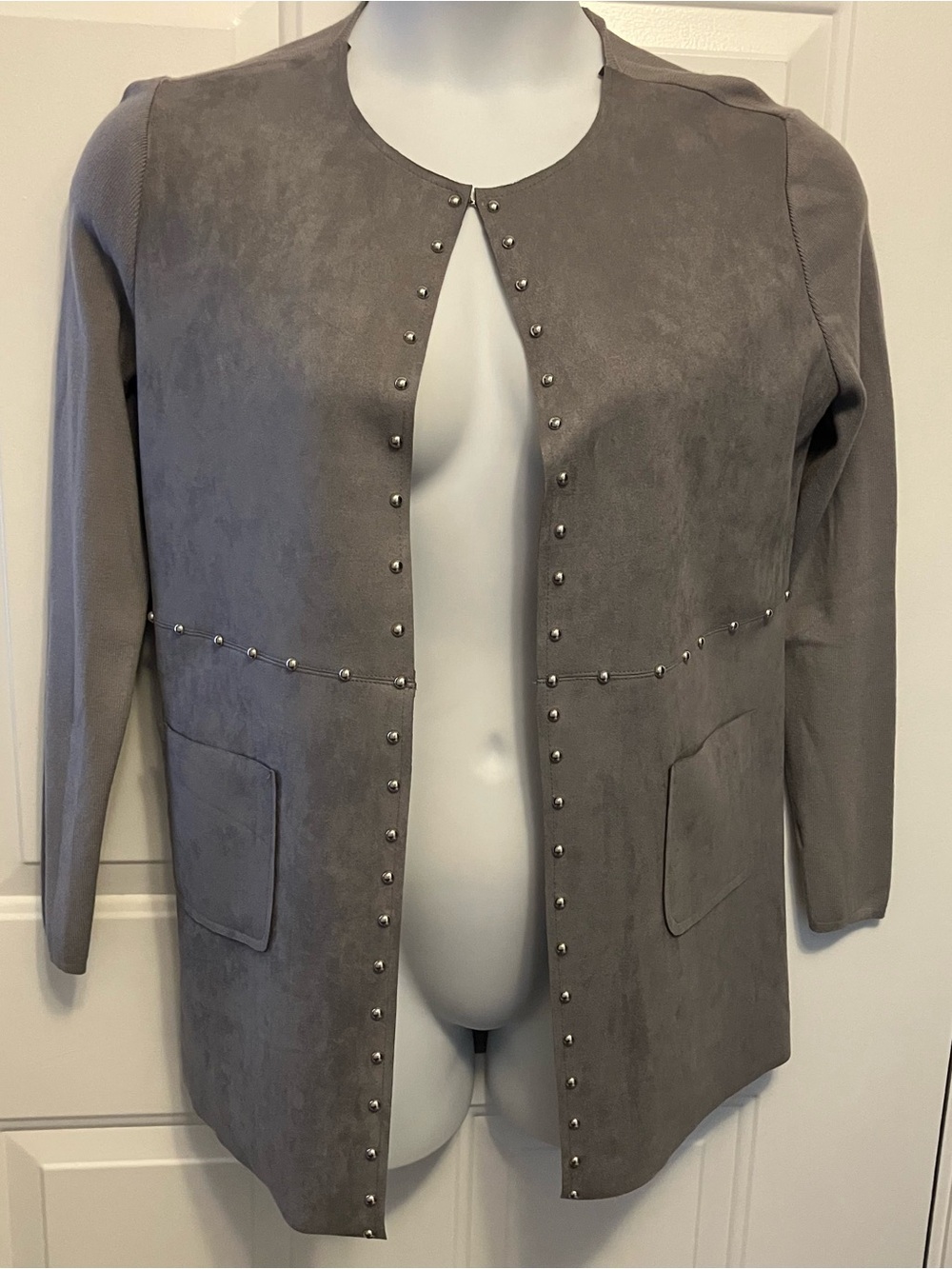 NWT SIONI Faux Suede Cardigan Knit Blazer Jacket Gray Silver Studs Women’s